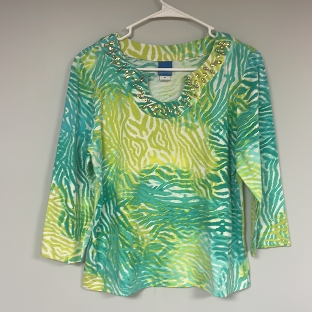 Sapphire Star 3/4 sleeve Beaded neckline printed Top, M, aqua, & yellow